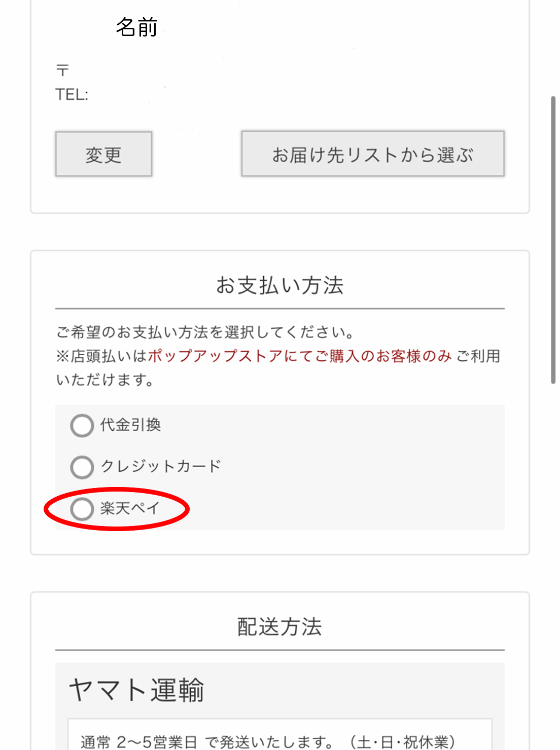 お客様情報入力画面の画像です。お支払い方法の「楽天ペイ」に赤丸が入っています。